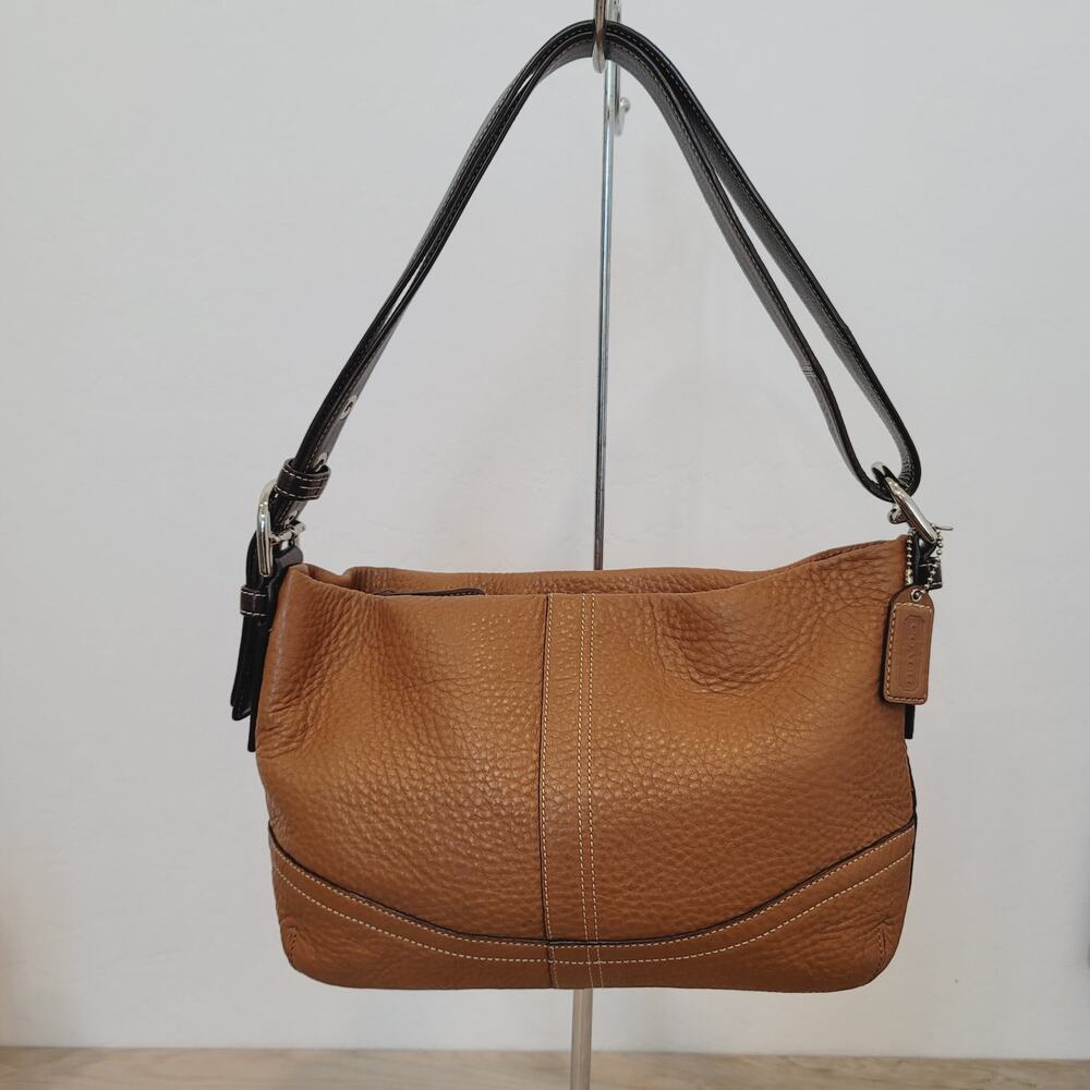 Coach Pebbled Leather Shoulder Bag Brown Tan Hobo Purse Adjustable Strap - Picture 3 of 11